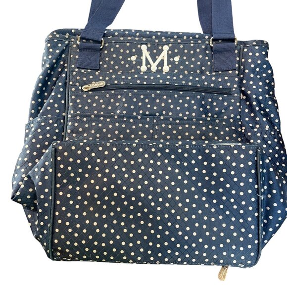 Thirty One Take Two Tote Backpack Navy Dancing Dot Embroidered "M" Diaper Bag - Picture 1 of 15